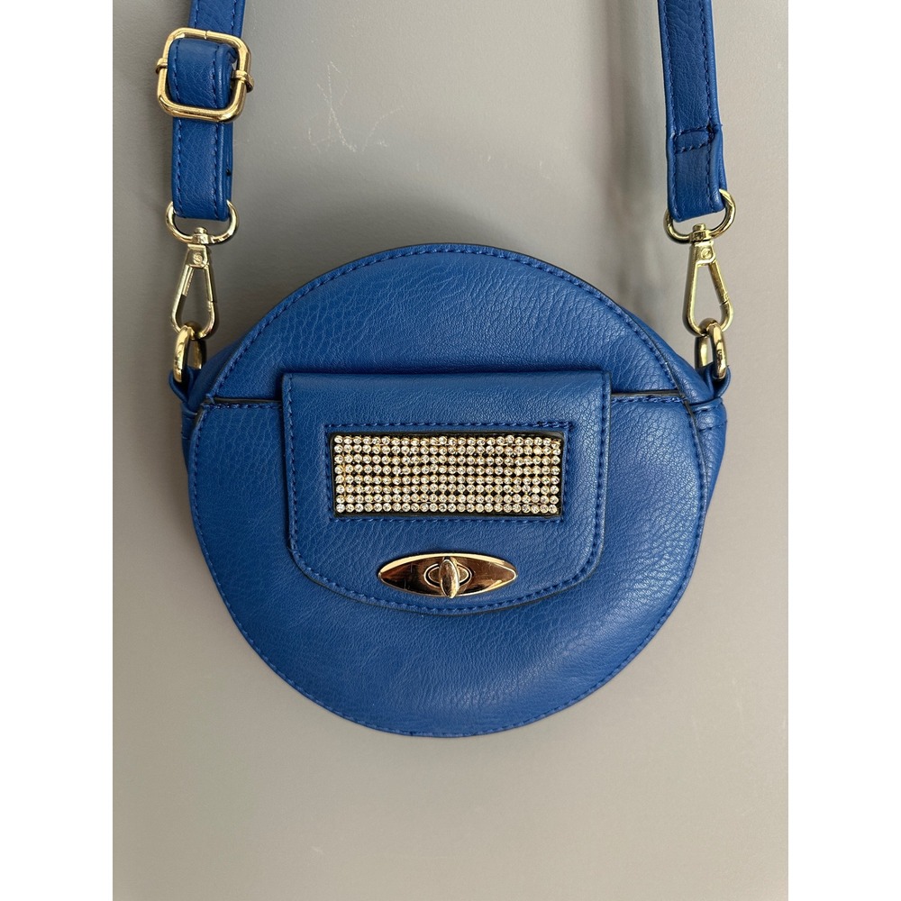 Alyssa Nicole Blue Round Crossbody Bag Rhinestone Brunch Purse Gold Hardware